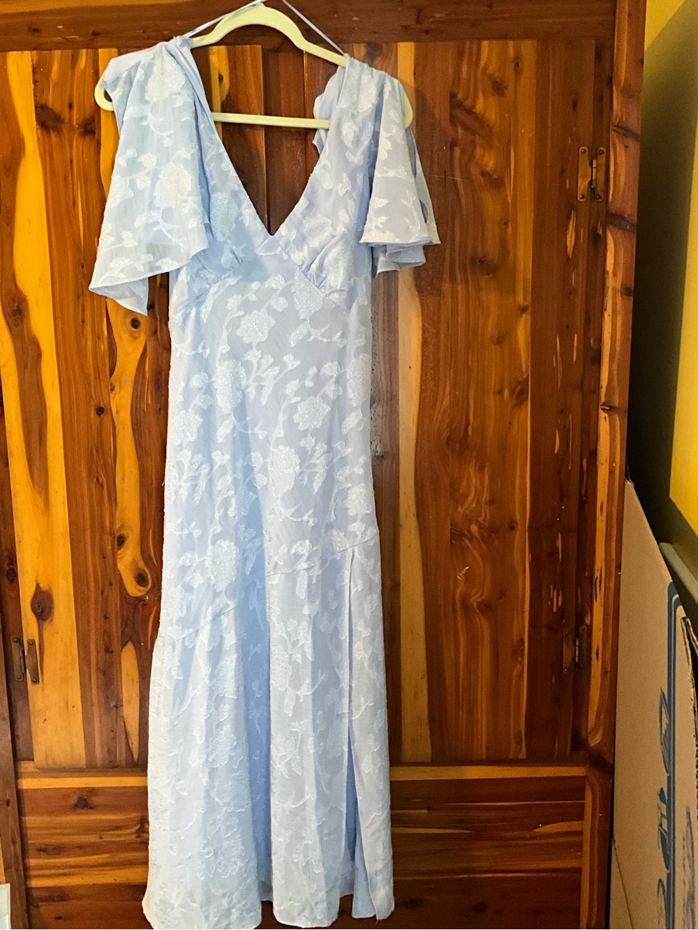 Astr Pale Blue Floral Lace Maxi Dress with Flutter Sleeves